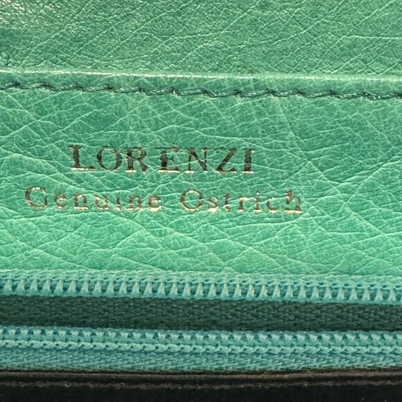 Lorenzi Genuine Ostrich Leather Womens Green Silver Hardware logo Purse - Picture 6 of 9